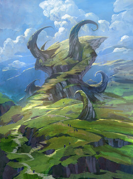 Original hand drawn acrylic illustration depicting surreal fantasy landscape with weirdly shaped rocks