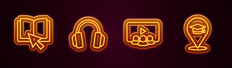 Set line Online book, Headphones, class and education. Glowing neon icon. Vector