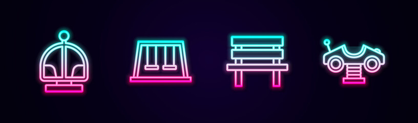 Set line Attraction carousel, Swings for kids, Bench and . Glowing neon icon. Vector