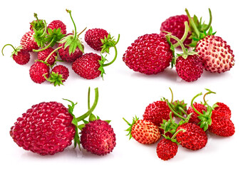 Fototapeta na wymiar Collage mix set of Berry wild strawberry with green leaves handful fresh strawberries healthy food, isolated on white background.