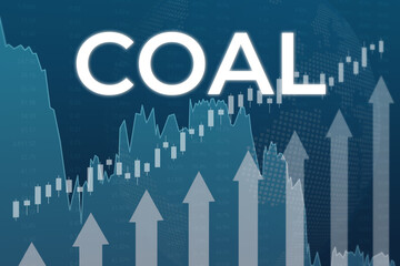 Fototapeta premium Price change on trading Coal on blue finance background from graphs, charts, columns, candles, bars. Trend Up and Down. 3D render
