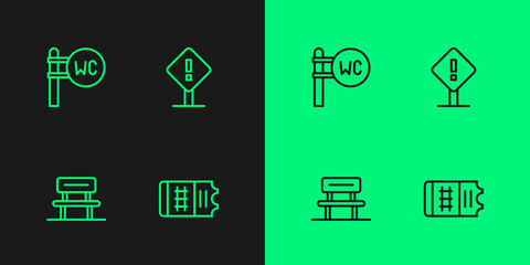 Set line Train ticket, Waiting hall, Toilet and Exclamation mark square icon. Vector