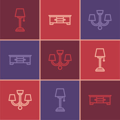 Set line Floor lamp, Chandelier and TV table stand icon. Vector