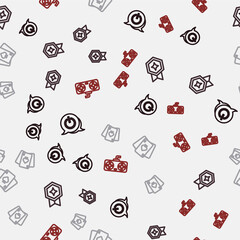 Set line Power button, Game rating with medal, Playing cards and controller or joystick on seamless pattern. Vector