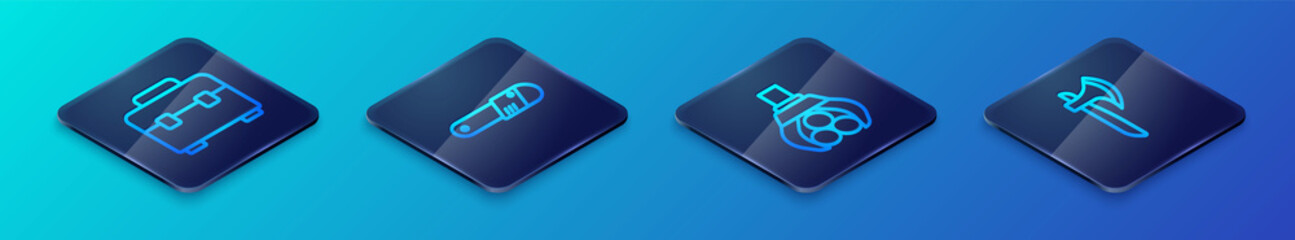 Set Isometric line Grapple crane grabbed a log, Toolbox, Wooden axe and Chainsaw icon. Vector