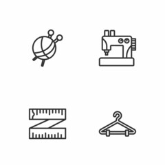 Obraz premium Set line Hanger wardrobe, Tape measure, Yarn ball with knitting needles and Sewing machine icon. Vector