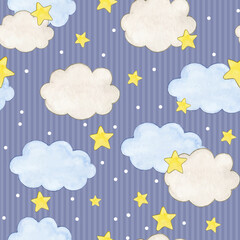 watercolor baby cloud pattern with stars and stripes