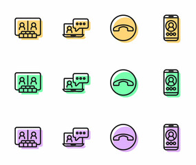 Set line Telephone handset, Video chat conference, and icon. Vector