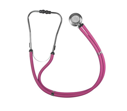 Pink stethoscope isolated on white background, top view.