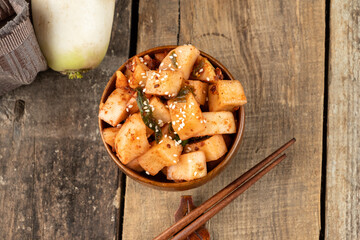 Daikon pickled radish appetizer. View from above. Authentic Korean food.