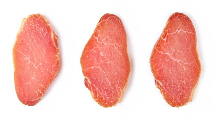 Sliced smoked pork loin, isolated on white, top view