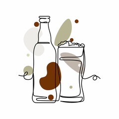 Vector abstract continuous one single simple line drawing icon of bottle and glass of fresh ginger beer in silhouette sketch. Perfect for greeting cards