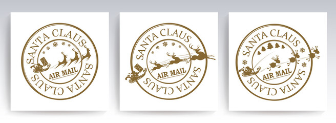 Christmas round stamp, Santa Claus on reindeer, air mail, set