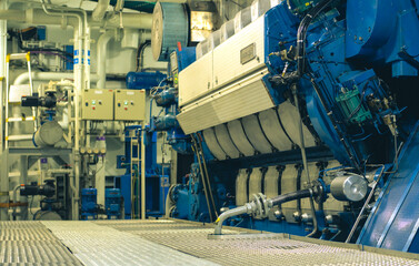 Main Engine in Machinery Room on board modern ship