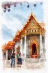 Fototapeta premium Ancient Thai architecture and patterns watercolor style illustration impressionist painting.