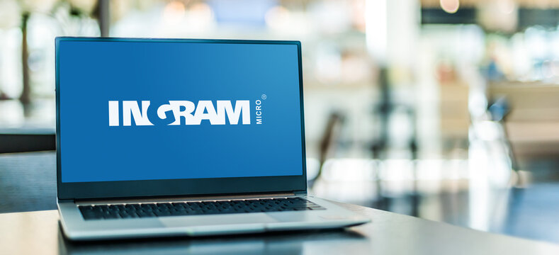 Laptop computer displaying logo of Ingram Micro