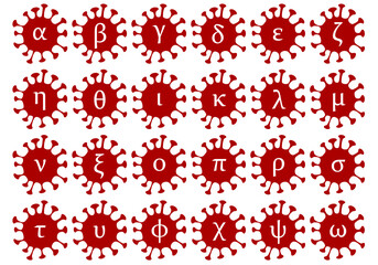 Vector illustration of Covid-19 virus with letters of Greek alphabet including the delta and omicron variants - obrazy, fototapety, plakaty