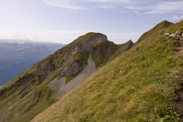 Fototapeta premium Amazing hiking day in the alps of Switzerland. Wonderful view over a beautiful lake called Brienzersee. What an amazing view.