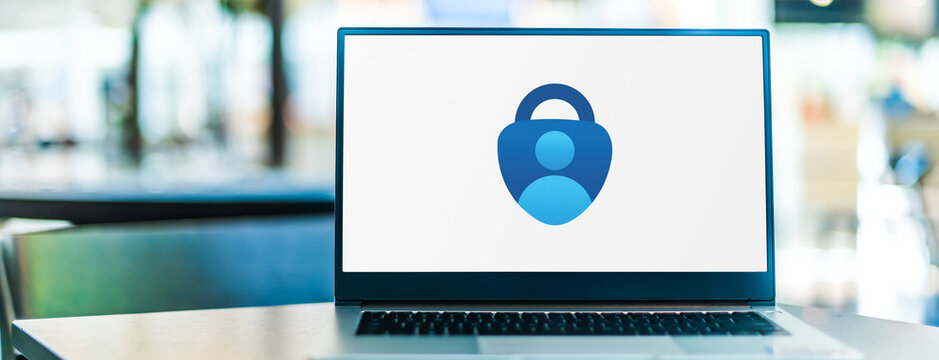 Laptop computer displaying logo of Microsoft Authenticator