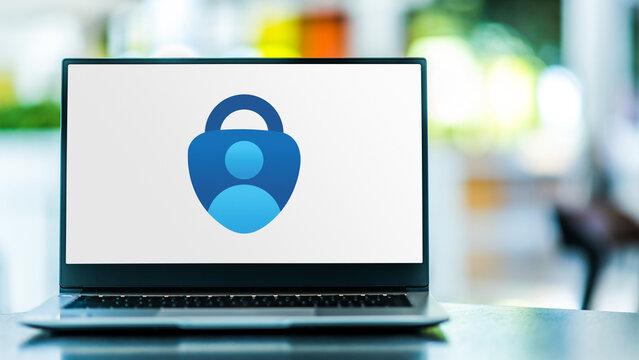 Laptop computer displaying logo of Microsoft Authenticator