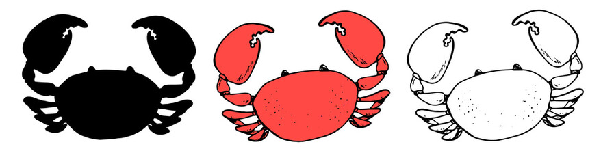 red crab set. drawing of a marine animal, a whole crab with large claws, with a black outline and silhouette, sketch-style drawing, top view, on white