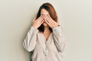 Young caucasian woman wearing casual clothes rubbing eyes for fatigue and headache, sleepy and tired expression. vision problem - obrazy, fototapety, plakaty