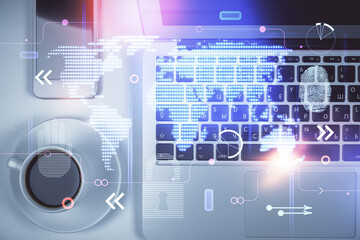 Double exposure of map hologram drawing over study table background with computer. Concept of international network. Top view.