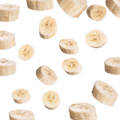  Slices of banana flying isolated on a white background