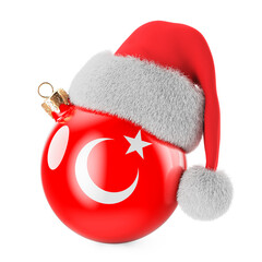 Christmas ball with Turkish flag and Santa Claus hat. Christmas and New Year in Turkey, concept. 3D rendering