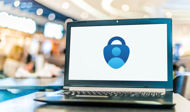Laptop computer displaying logo of Microsoft Authenticator