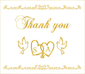 Wedding set letterhead with thank you text. Doves, hearts with the initials S and A in gold letters and a frame with decorative patterns and flowers. Digital vector illustration. Template