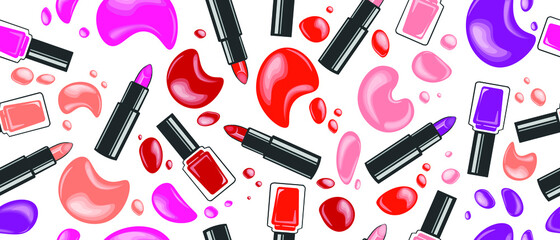 Obraz premium Beauty Care and Cosmetics Concept Vector Pattern. Different Colors Nail Polish and Lipsticks Vector Seamless Pattern. Can be used as wallpaper, wrapping paper poster or banner template interior Design