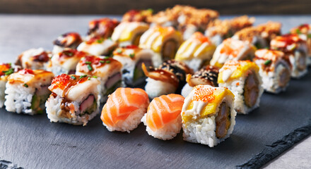  Group of sushi food rolls on a blackboard surface