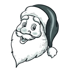 Vector Hand Drawn Happy Cute Santa Claus Illustration. Black and white retro Santa portrait isolated on white background. Design element fo Christmas and new year. Santa Claus Portrait. 