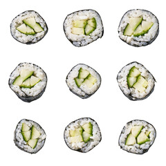  Group of cucumber sushi maki isolated on white background
