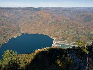 Lookout Banjska rock in Tara National Park, looking down to Lake Perucac and the Drina River canyon in Serbia
