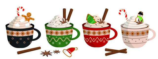 Merry Christmas cute mugs set with hot cocoa or coffee, sweet cream, gingerbread cookies, candy canes, cinnamon sticks and vanilla flowers. Decorative holiday coffee cups with ornaments. 