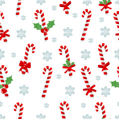 Vector Candy Canes Set. Sugar Canes with red satin ribbons and holly berries Christmas decorations. Isolated on white background. Candy Canes Set.