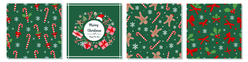 Merry Christmas and Happy New Year Greeting Card and decorative seamless patterns. Beautiful Christmas different patterns set collection on green backgrounds.
