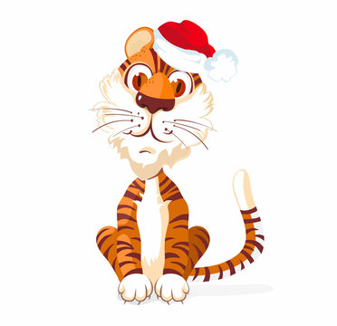 A cute interested tiger cub sits and smiles in a Santa Claus hat.
 Adorable Wild Animal Cartoon Character. Happy Chinese new year greeting card. 2022 Tiger zodiac. Illustration For children, dec