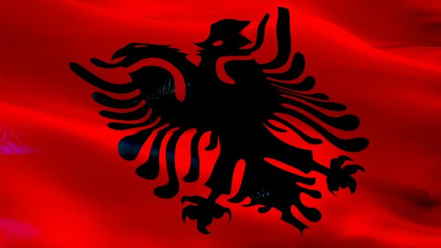 Albania flag video. National 3d Albanian Flag Slow Motion video. Albania tourism Flag Blowing Close Up. Albanian Flags Motion Loop HD resolution Background Closeup 1080p Full HD video flags waving in 