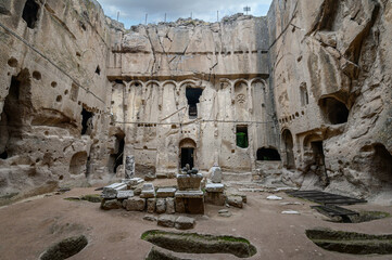 Gumusler Monastery and underground cave city in Nigde, Turkey. Unesco World Heritage site in Central Anatolia, Cappadocia region.