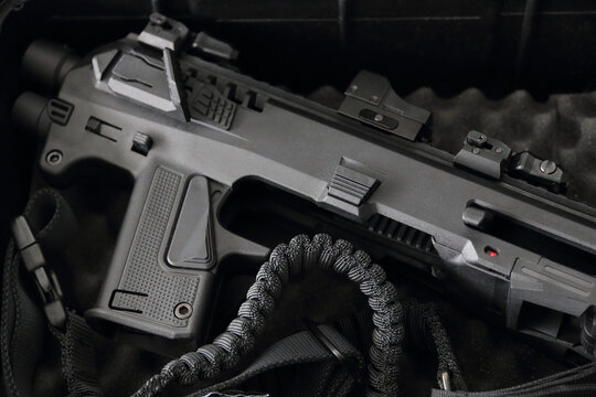 Closeup of an Israeli pistol to carbine conversion kit for pistols in a black case. SBR Small barrelled rifle.