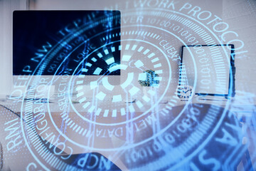 Multi exposure of data theme drawing and office interior background. Concept of technology.