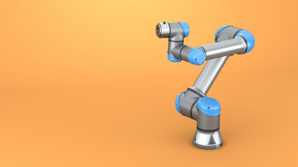 Universal robot. Cobot. Orange background. Automatic machine. Robotic arm. Collaborative robot. 3d render