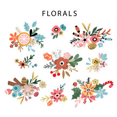 Christmas collection of bouquets with flowers and Christmas tree branches. Vector illustration on white background isolated