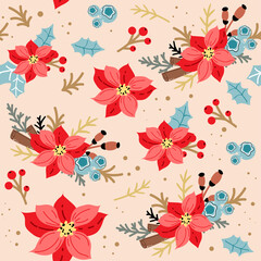Christmas xmas flower poinsettia camellia seamless pattern. Vector illustration of winter holidays