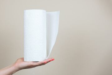 A woman's hand holds a roll of paper kitchen towels. Disposable absorbent paper towels for kitchen use, wiping surfaces, wiping hands. Copy space