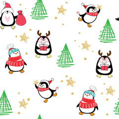 Christmas penguins seamless pattern. Vector illustration for winter holidays