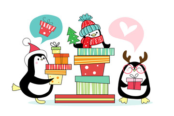 Christmas card with funny penguins and boxes of New Year's gifts. Vector illustration isolated